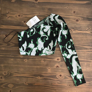 New with Tags ZARA Women’s Black Green Abstract One-Shoulder Crop Top S Trendy